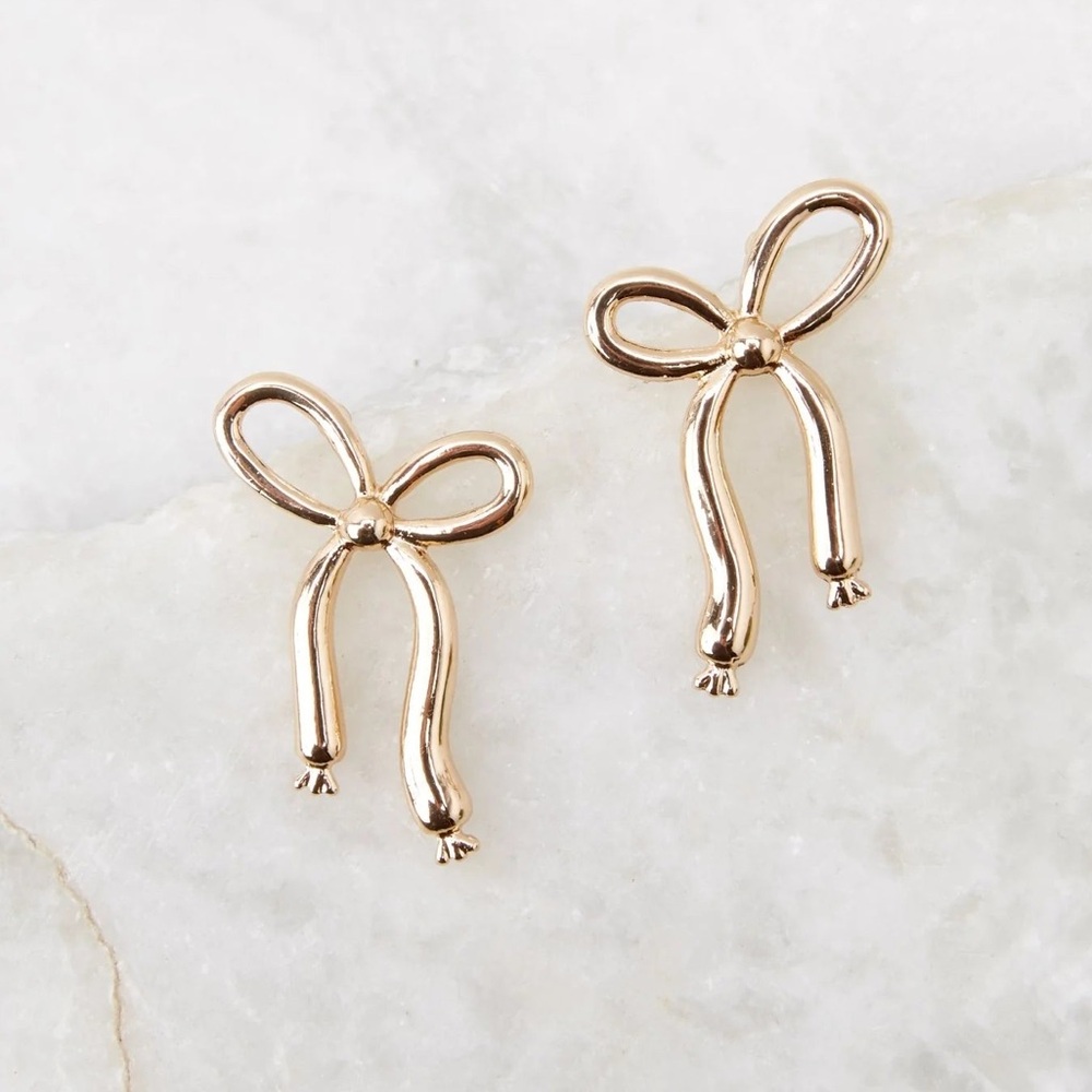 New Gold Tone Balloon Bow Stud Earrings | Boutique | Ribbon | Dangle